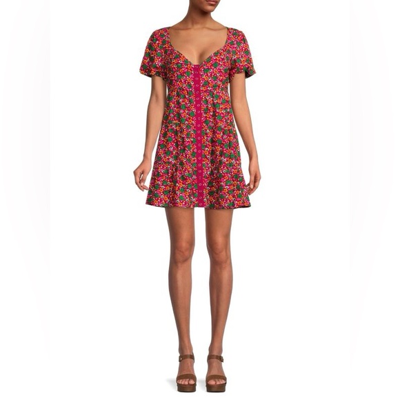Betsey Johnson Dresses & Skirts - Betsy Johnson Pink Ditsy Floral Print Mini Dress with Puff Sleeves, Size Medium